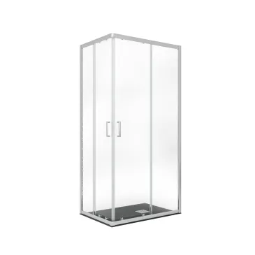 Box doccia angolare modello Matias con doppia porta scorrevole, cristallo temperato trasparente 6mm anticalcare, altezza 195cm.