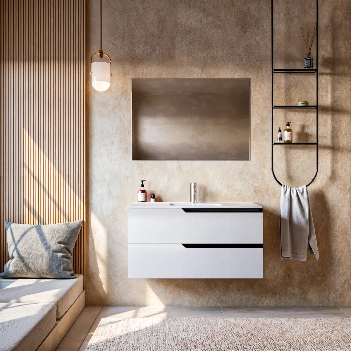 Meuble de salle de bain 100cm Suspendu Porcelaine Blanche...