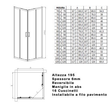 Scheda tecnica misure box doccia MATIAS cristallo trasparente