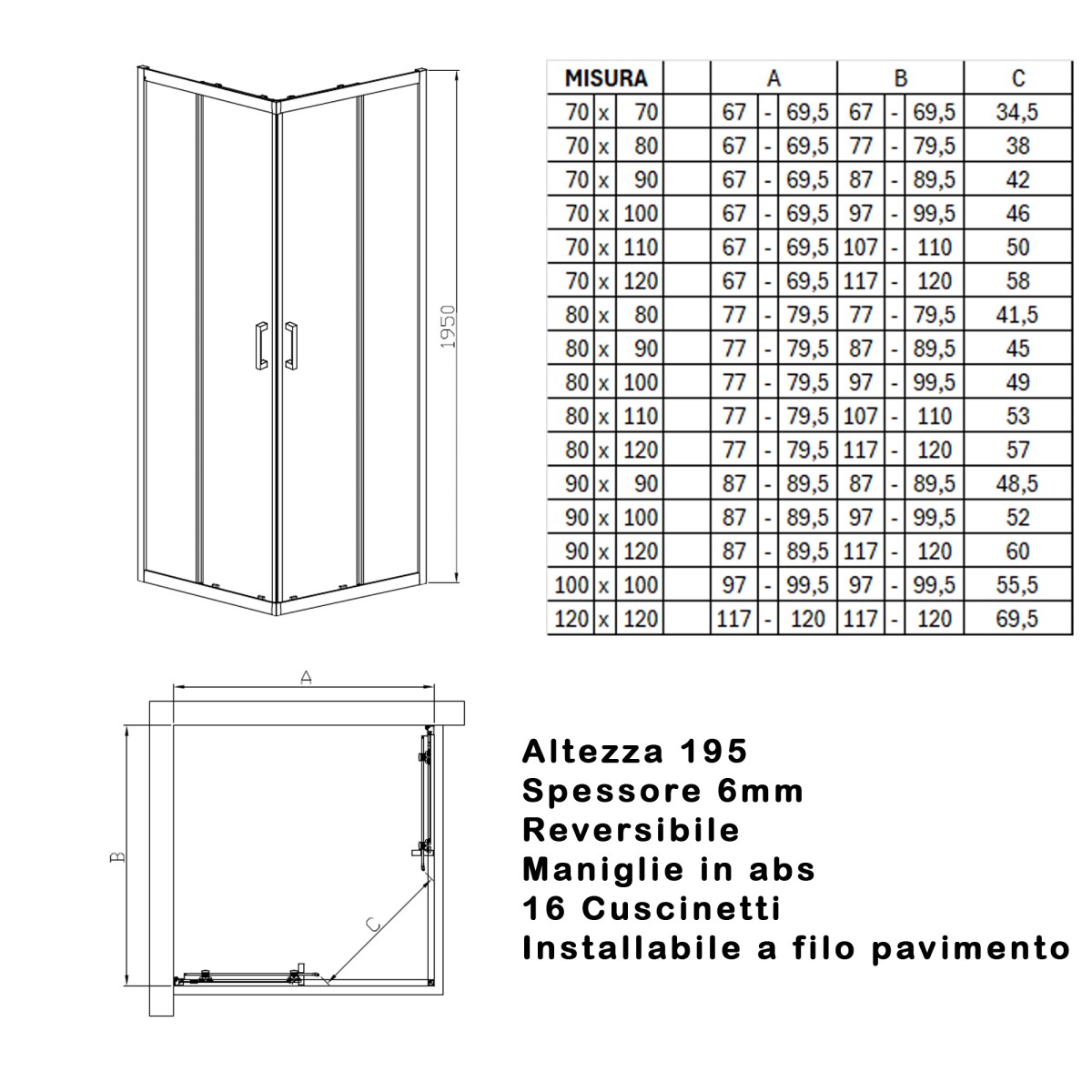 Scheda tecnica misure box doccia MATIAS cristallo...