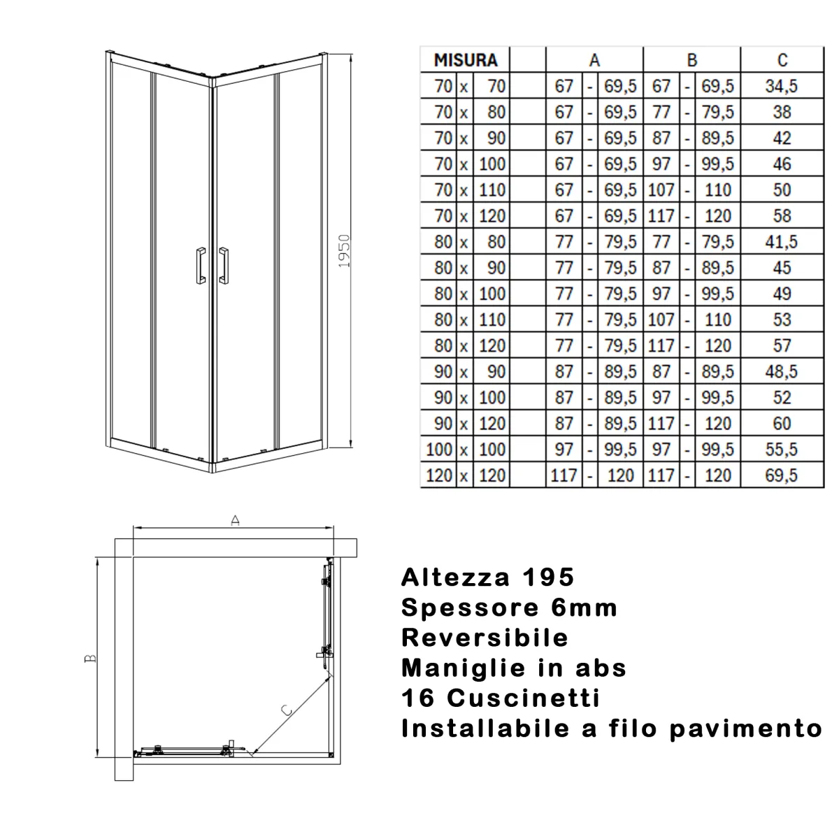 Scheda tecnica misure box doccia MATIAS cristallo...