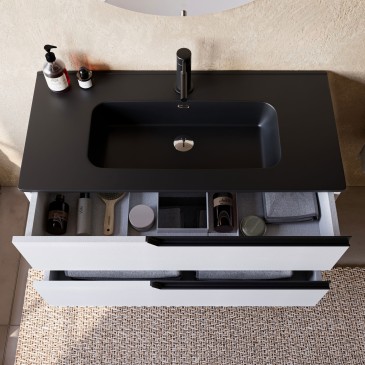 Mobile bagno Sospeso Bianco 80 100 con Lavabo nero Opaco - JAGUAR