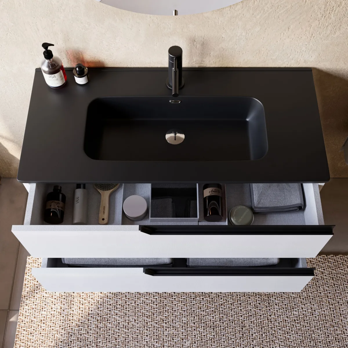 Mobile bagno Sospeso Bianco 80 100 con Lavabo nero Opaco...