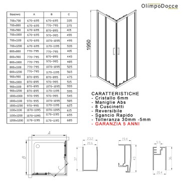 Scheda tecnica misure box doccia angolare MATIAS