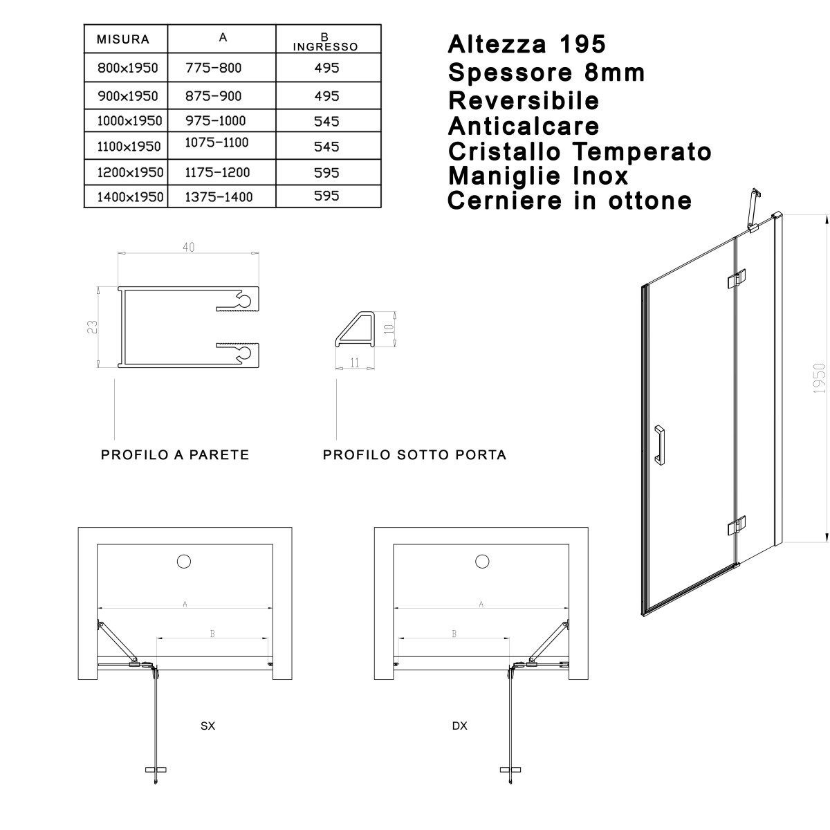 Porte de douche battante transparente anti-calcaire...