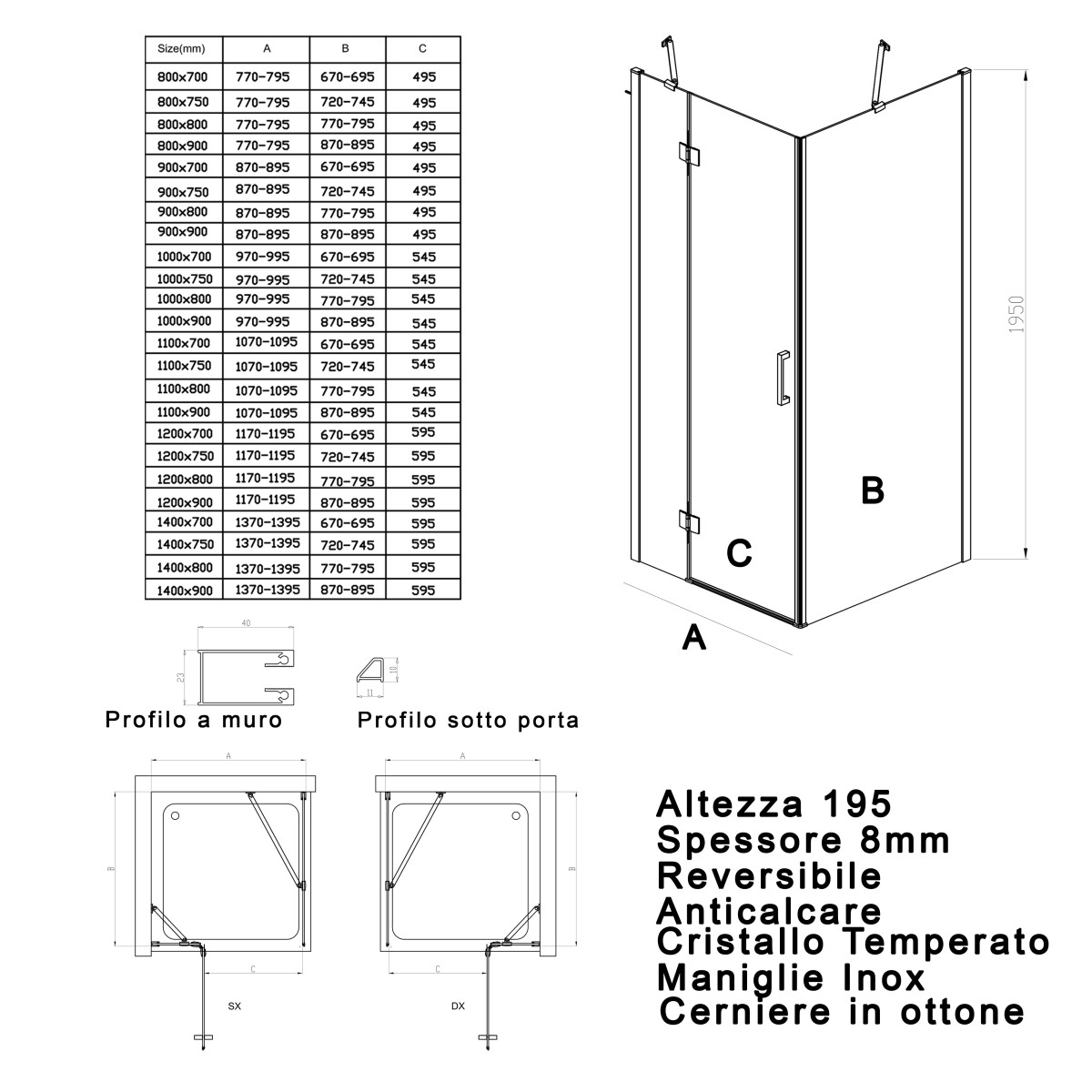 Box doccia 2 lati anta H195 Regina | Mondialshop