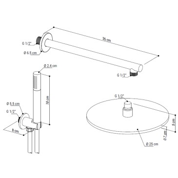 Kit de douche rond 5 pièces avec pommeau de douche de 25 cm