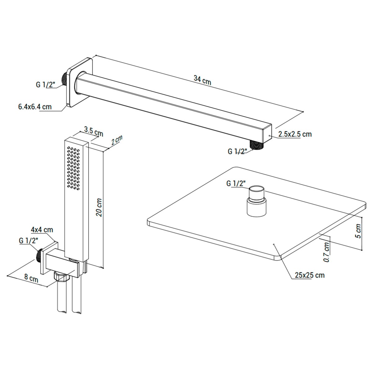 Kit Doccia satinato 5pz Braccio Soffione 25x25 Doccetta e...