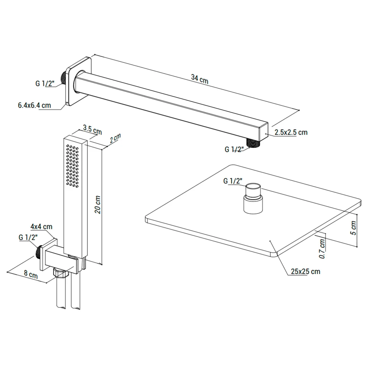 Kit Doccia satinato 5pz Braccio Soffione 25x25 Doccetta e...