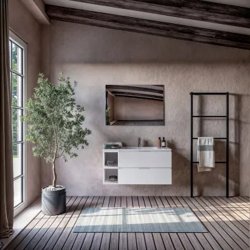 Meuble de salle de bains suspendu en porcelaine blanche avec compartiments ouverts, GAUCHE 100 120 cm ARMONY