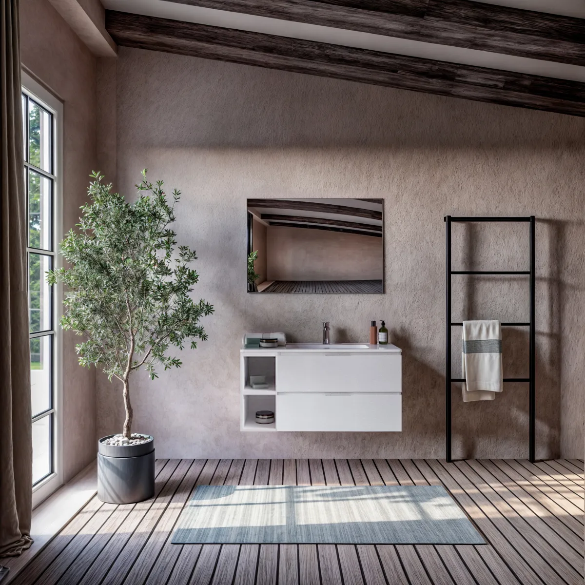 Meuble de salle de bains suspendu en porcelaine blanche...