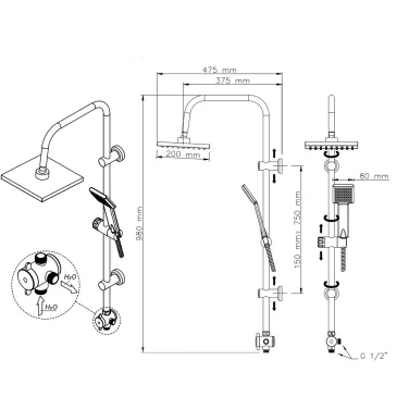 Asta saliscendi doccia con soffione 20x20 cm e doccetta acciaio e ABS