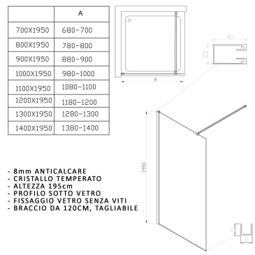 scheda tecnica misure doccia walk in 195 ISIDE