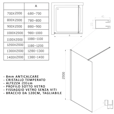 Scheda tecnica misure doccia walk in iside