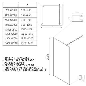 ISIDE 80 cm hohe, begehbare Dusche mit 8 mm starkem, transparentem Antikalkglas