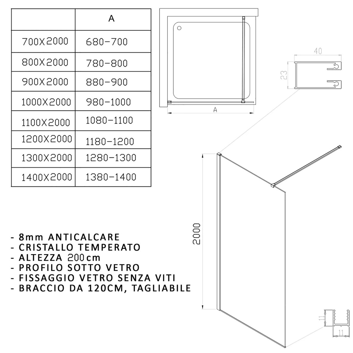 scheda tecnica misure doccia walk in iside