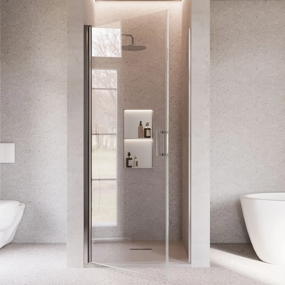 Porte de douche battante pour niche, H195cm, traitement...