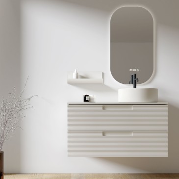 Meuble-lavabo suspendu en porcelaine blanche de 80 cm avec étagère et vasque à poser - ZEN