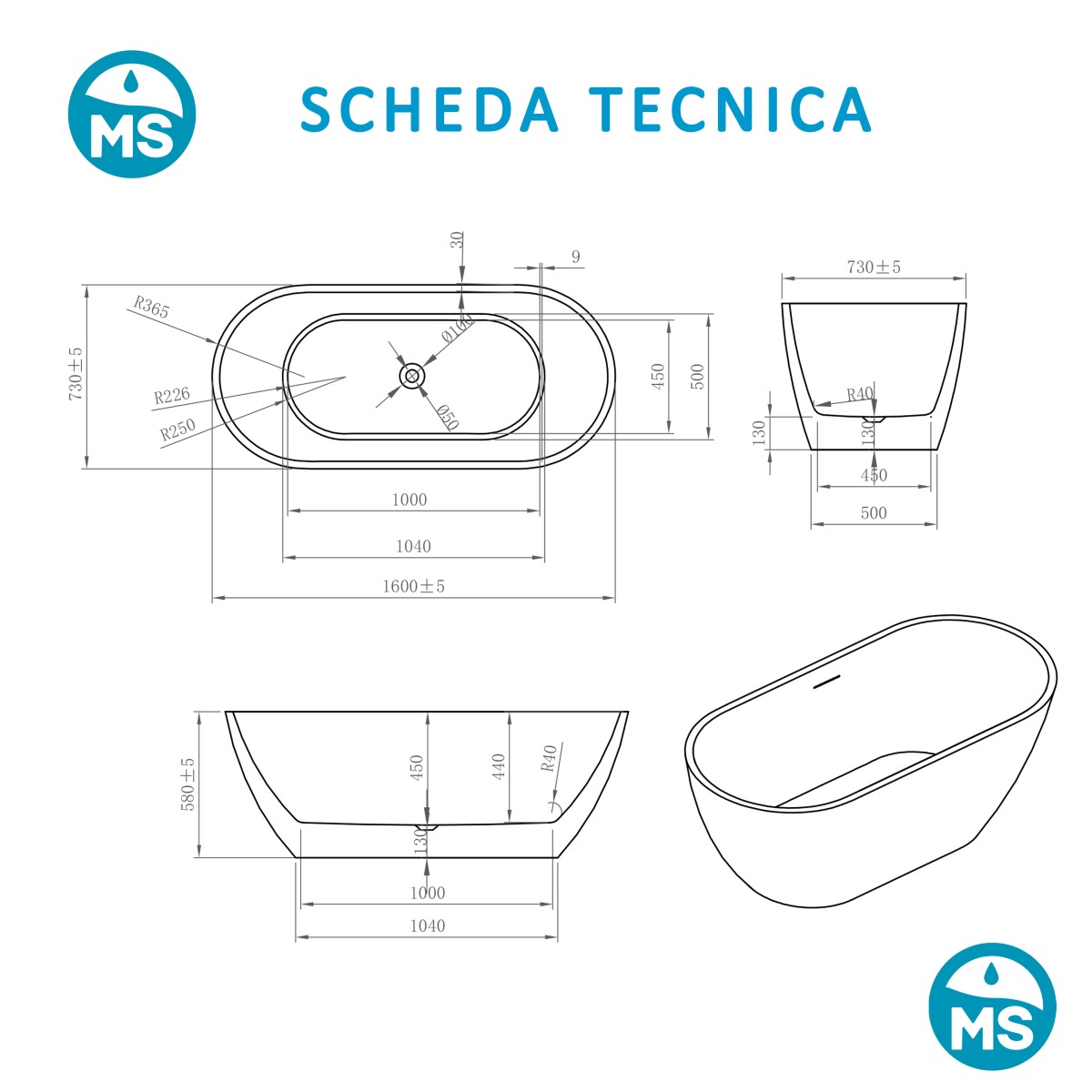 Vasca da Bagno Freestanding 160x73 MOON Bianco Lucido