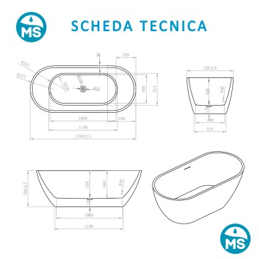 Vasca Freestanding 170x75 MOON Bianco Lucido | Acrilico