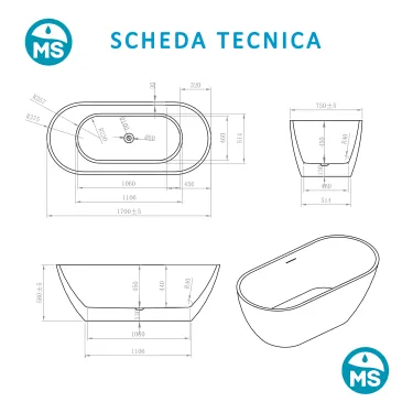 Vasca Freestanding 170x75 MOON Bianco Lucido | Acrilico