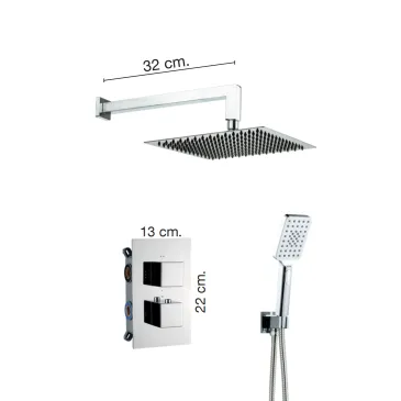 Ensemble pomme de douche, inverseur thermostatique carré 2 voies | Vacciago