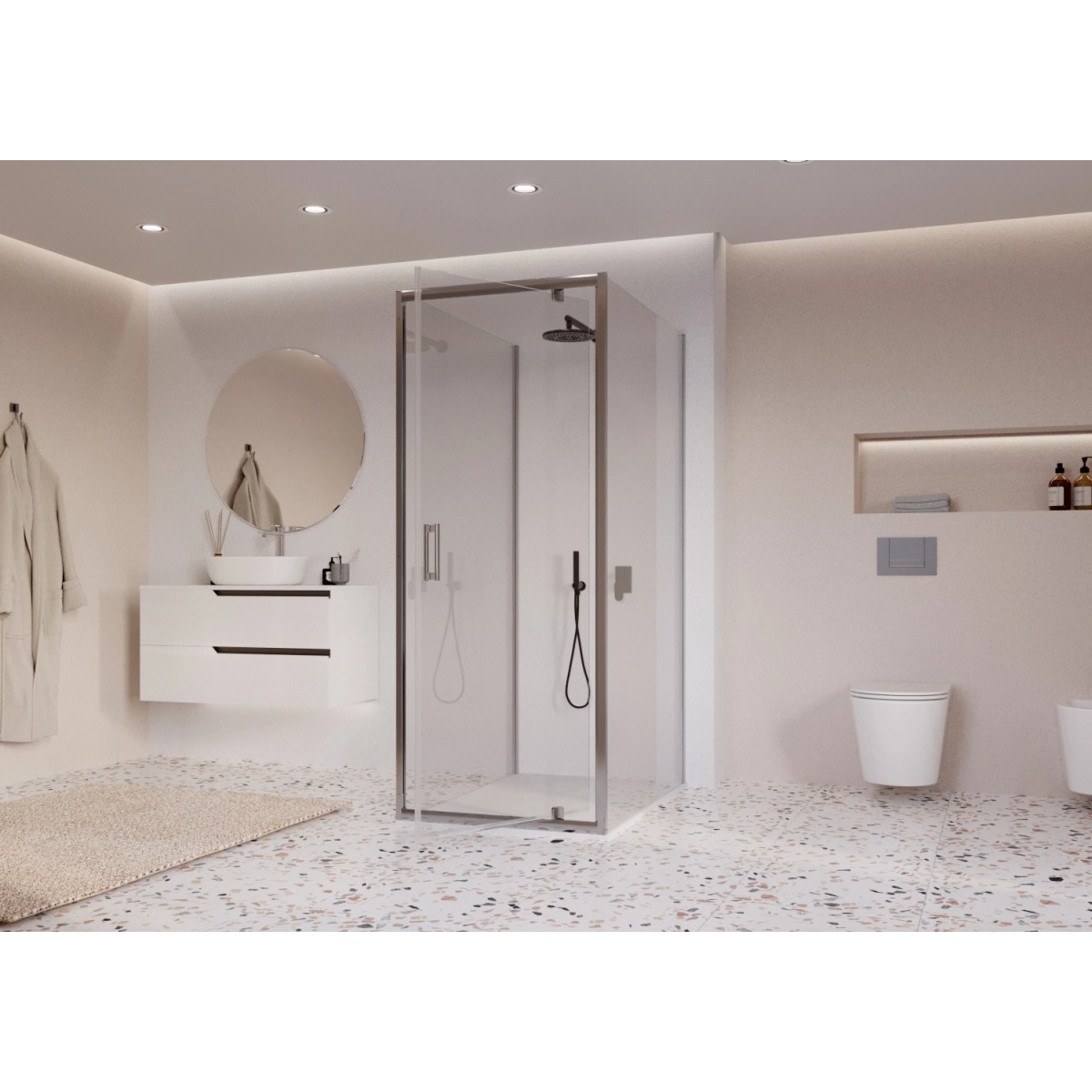 Cabine de douche à 3 côtés avec porte à charnières...