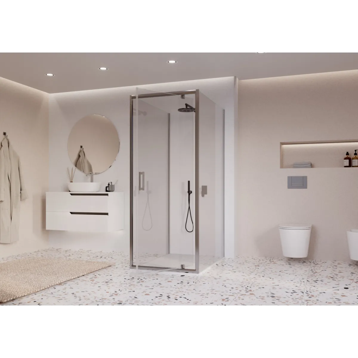 Cabine de douche à 3 côtés avec porte à charnières...
