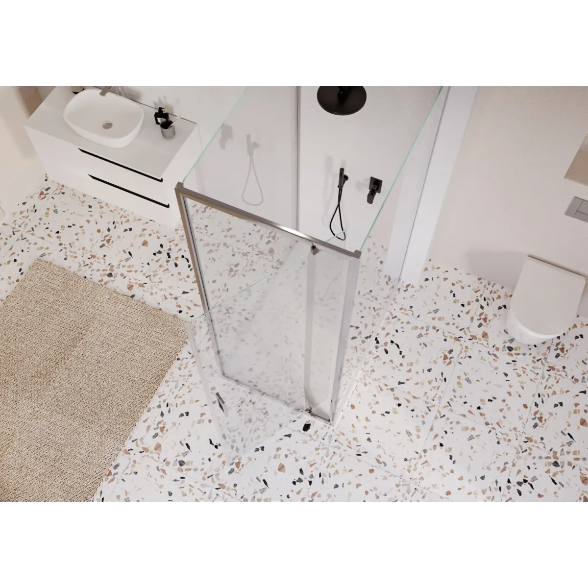Cabine de douche à 3 côtés avec porte à charnières...