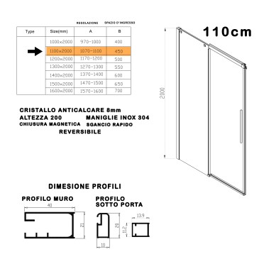 Porta doccia 110cm 8mm h200
