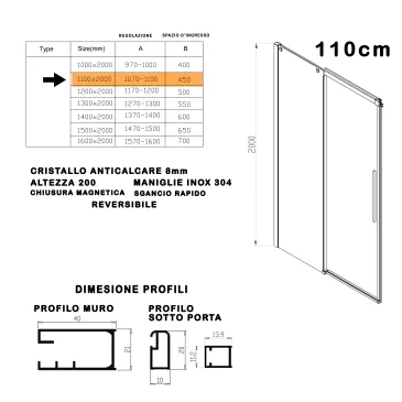 Porte de douche pour niche avec profilés en acier satiné h200