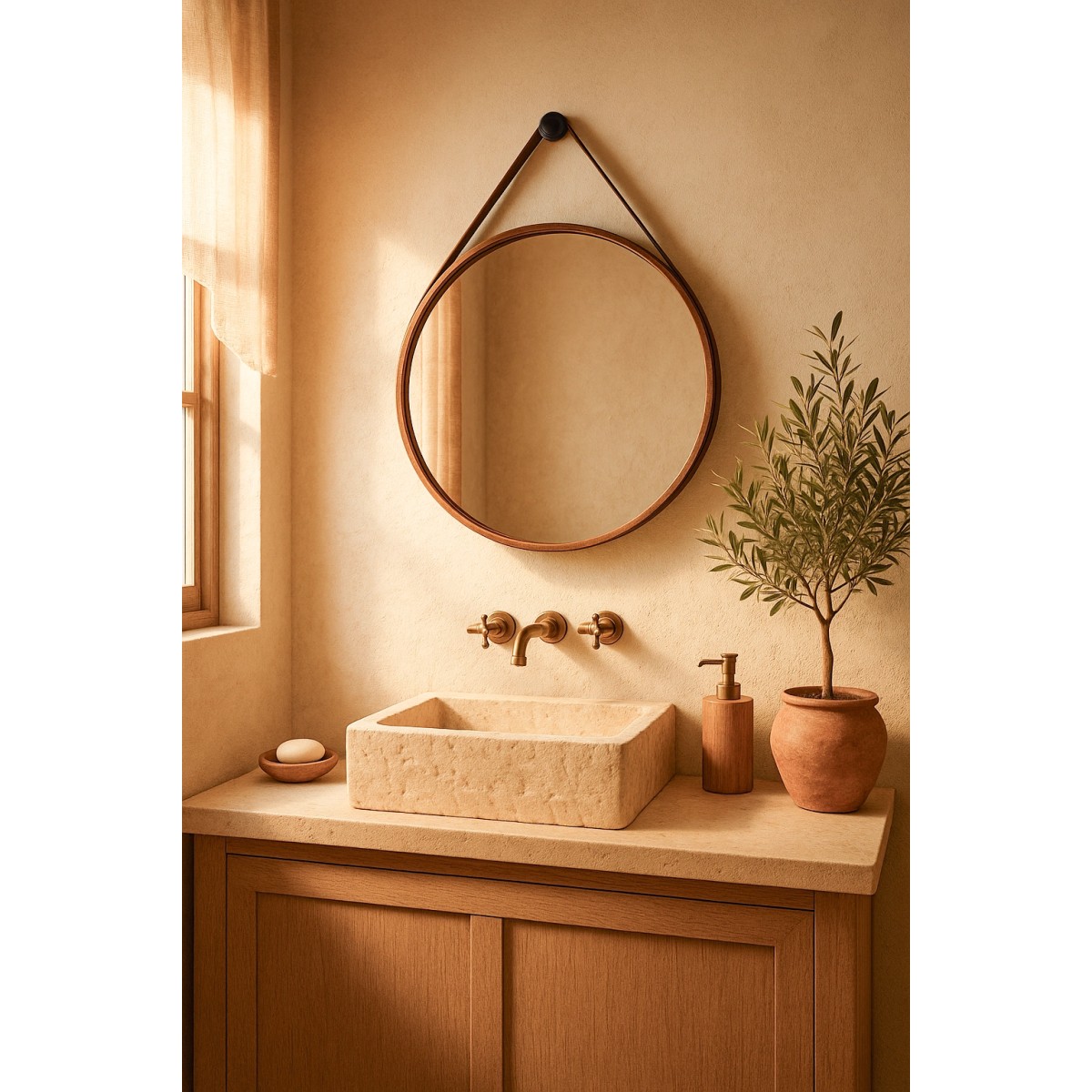 Specchio Tondo con Cintura in Cuoio | Mondialshop