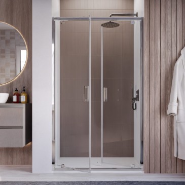 Installazione a nicchia della porta doccia a saloon Java h195, design minimalista con profili in alluminio cromato lucido.