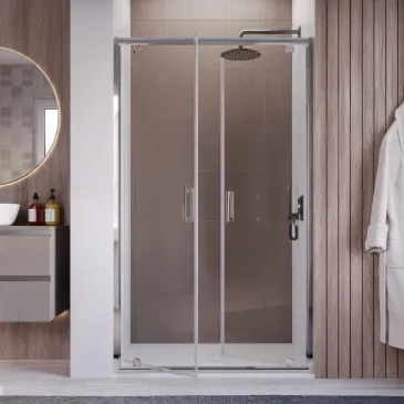 Installazione a nicchia della porta doccia a saloon Java h195, design minimalista con profili in alluminio cromato lucido.