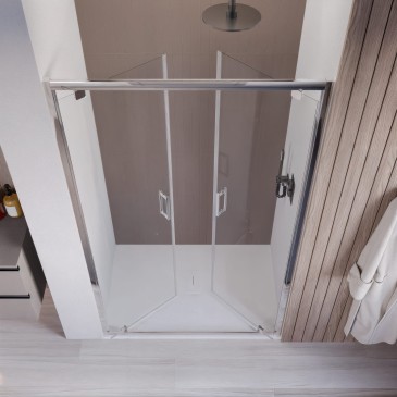 Porta doccia saloon Java con ante ripiegate verso l'interno, soluzione salvaspazio ideale per bagni di piccole dimensioni.