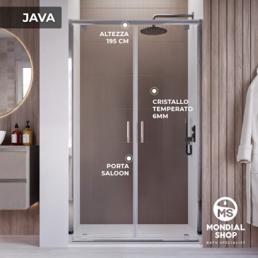 Schema tecnico della porta doccia a nicchia Java, range di regolazione dei profili e ingombro delle ante saloon.