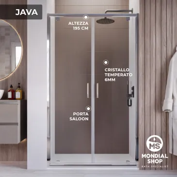 Schema tecnico della porta doccia a nicchia Java, range di regolazione dei profili e ingombro delle ante saloon.