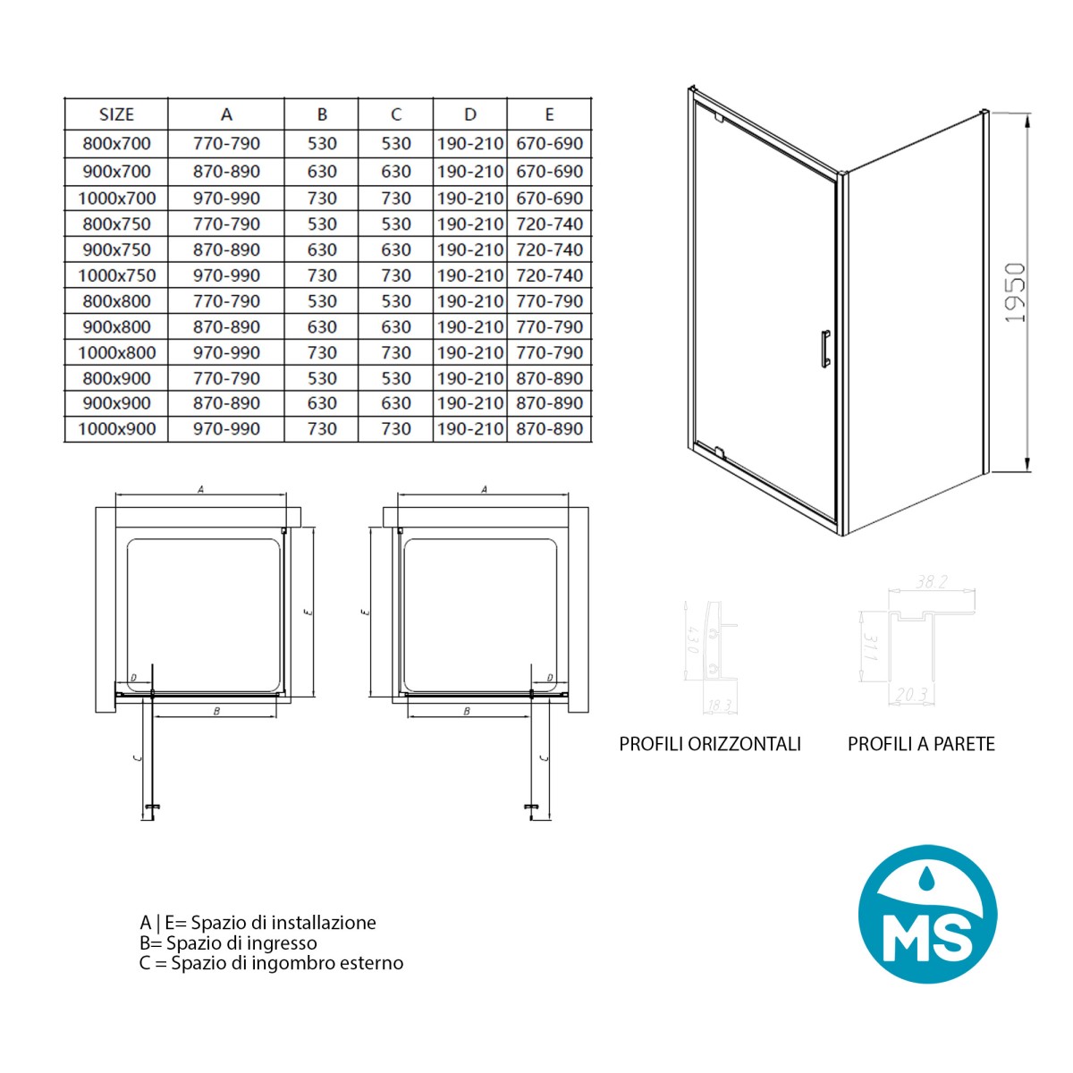 Scheda tecnica misure box doccia DUO ADELE porta battente...