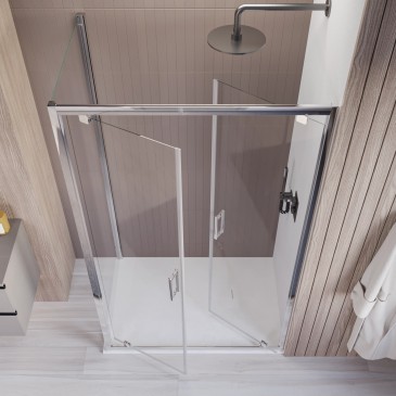 Installazione ad angolo del box doccia Java h195, design minimale con profili in alluminio lucido.
