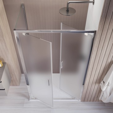 Box doccia angolare satinato Java h195 installato in un bagno moderno, profili in alluminio lucido e vetri opachi anticalcare.