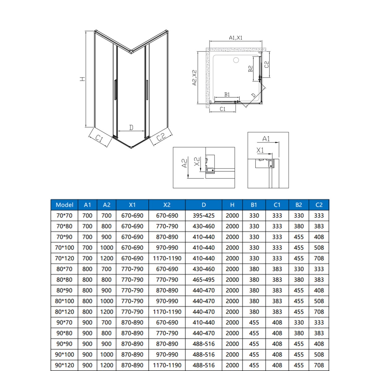 Scheda tecnica misure box doccia angolare ZARA