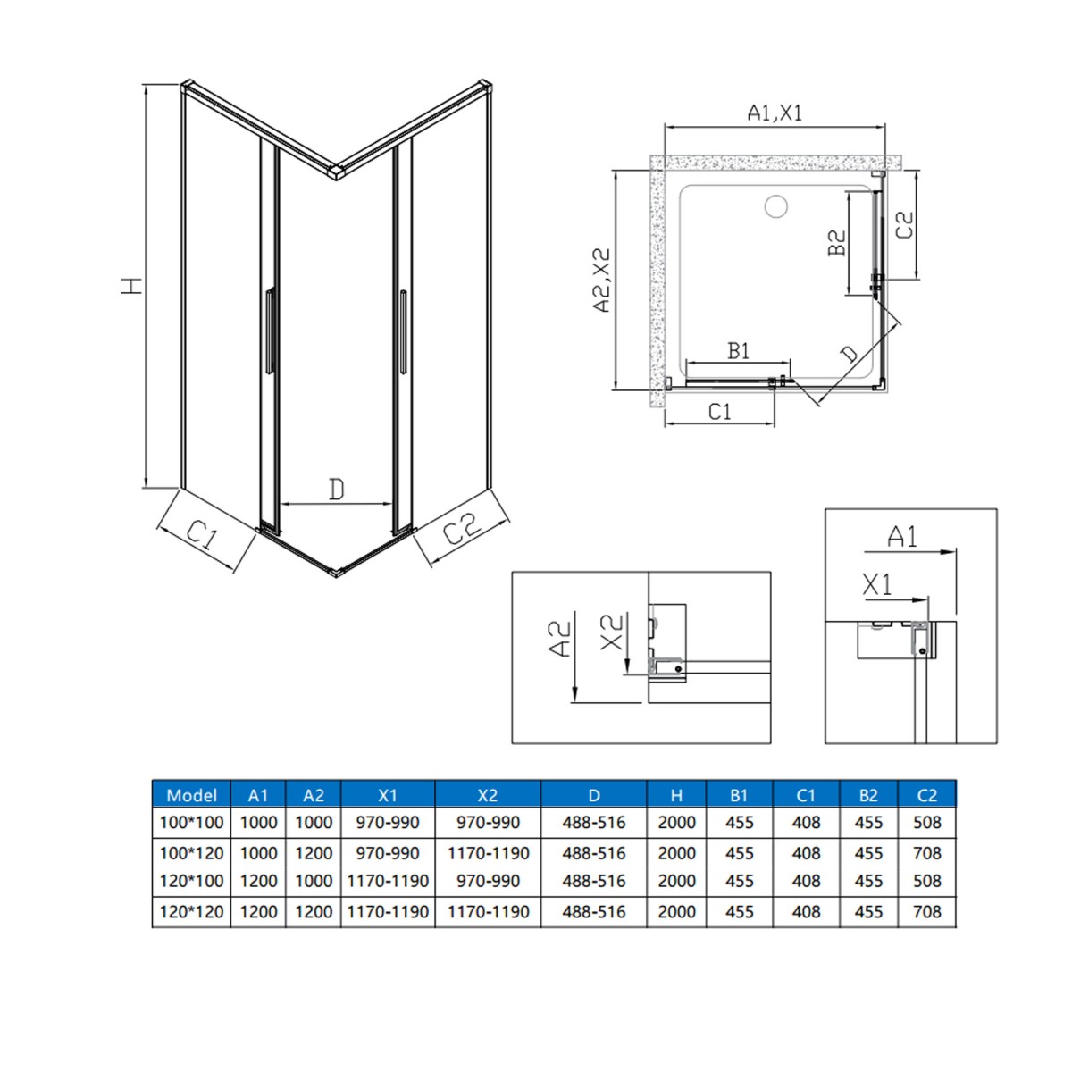 2-seitige Eckduschkabine, 8 mm H200, Soft-Close-Funktion,...