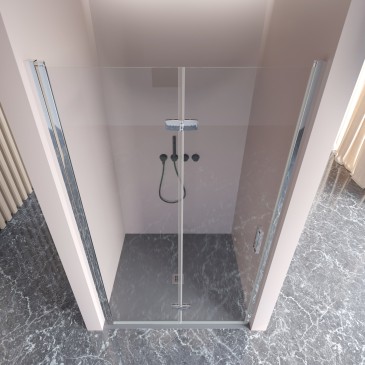Porta doccia pieghevole REA-MINI installata su piatto doccia, altezza 190cm perfetta per bagni con soffitti bassi o mansarde.