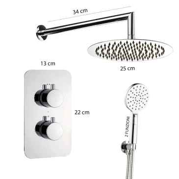 Kit de douche thermostatique 5 pièces : mitigeur, bras de douche, pommeau de douche 25 mm, douchette
