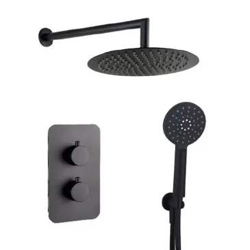 Kit de douche noir 5 pièces : pommeau de douche, bras de douche, douchette, mitigeur thermostatique