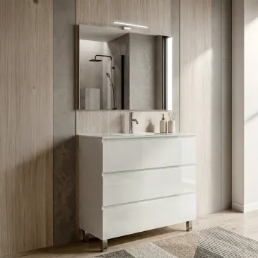 Meuble de salle de bain sur pied de 80 cm avec 3 tiroirs, en porcelaine blanche