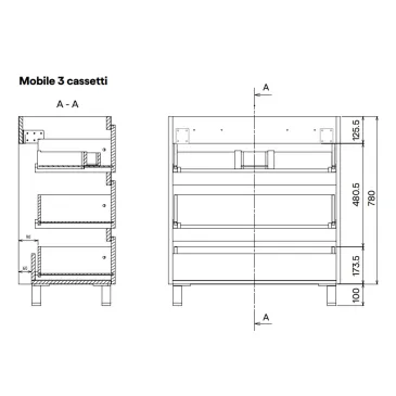 Mobile bagno 3 cassetti a terra 80cm bianco porcellana