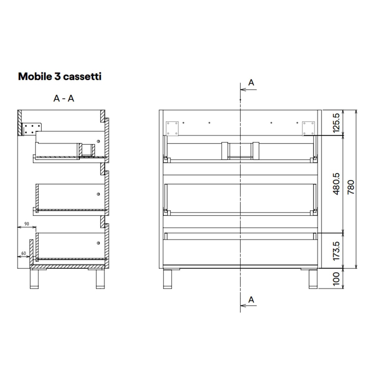 Mobile bagno 3 cassetti a terra 80cm bianco porcellana