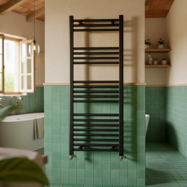 Sèche-serviettes noir mat, entraxe 45 cm, hauteur 120 cm, largeur 50 cm