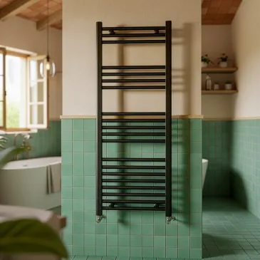 Sèche-serviettes noir mat, entraxe 45 cm, hauteur 120 cm, largeur 50 cm